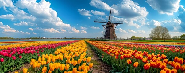 Panorama of landscape with blooming colorful tulip field, traditional dutch windmill and blue cloudy sky in Netherlands Holland , Europe - Tulips flowers background panoramic, Generative AI 