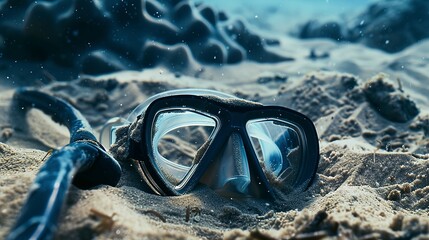 Macro shot of a diving mask and snorkel buried in sand, cool blues and sandy textures, underwater equipment, no humans