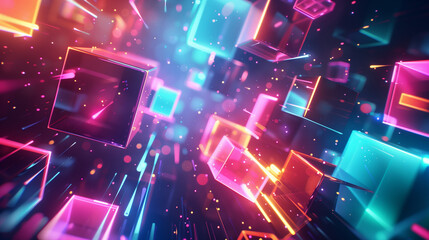 Generative AI abstract illustration of geometric shapes and structures in colorful neon colors and lights in cyberspace against dark background