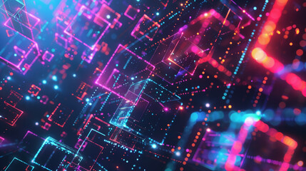 Generative AI abstract illustration of geometric shapes and structures in colorful neon colors and lights in cyberspace against dark background