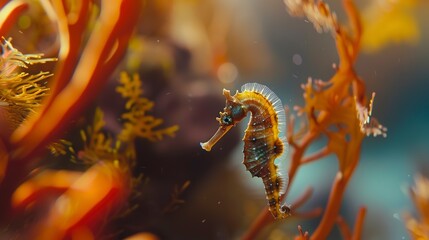 Close-up of a seahorse hovering by coral, vibrant oranges and yellows, delicate underwater motion, no humans 