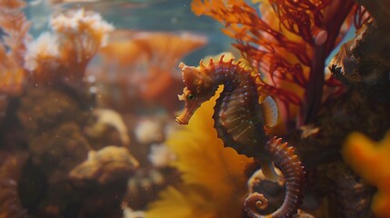 Close-up of a seahorse hovering by coral, vibrant oranges and yellows, delicate underwater motion, no humans 