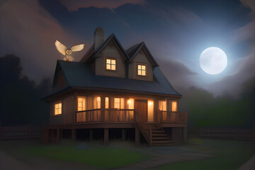 A full moon bathes a charming stone cottage, its secrets whispered by the wind. A watchful owl surveys the night from its perch. Ideal for halloween or a scary project