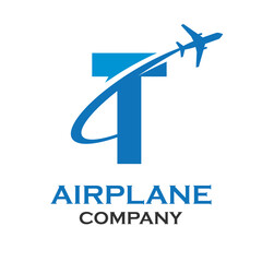 Letter t with airplane logo template illustration. suitable for transportation, brand, travel, agency, web, label, network, marketing etc