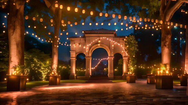 Courtyard with string lights that shine at night