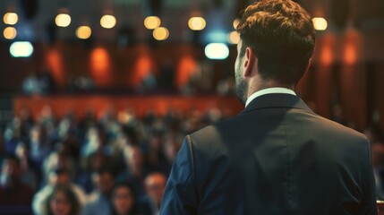 A speaker addresses a large audience at a conference or event. The crowd is out of focus, emphasizing the speaker's message.