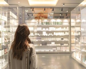 Obraz premium A young woman stands in a store, gazing at a display of beauty products. The shelves are stocked with various items, creating a visually appealing backdrop.
