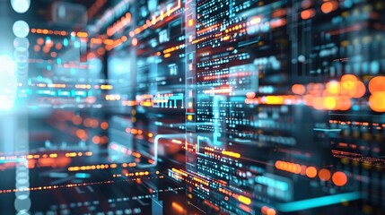 Abstract digital data stream with glowing lines and numbers. Futuristic technology background.