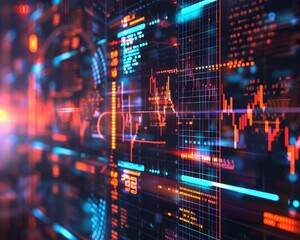 Obraz premium Abstract digital data visualization with glowing lines and graphs. Suitable for technology, finance, and futuristic concepts.