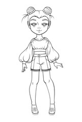 Black and white illustration of an anime-style cute girl in a stylish summer crop top and shorts. Perfect as a kids' coloring page.