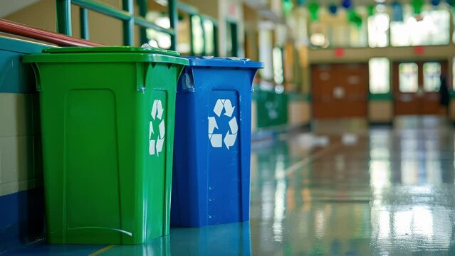 A green and blue recycling bin stationed next to a trash can at the entrance of the schools gymnasium encouraging students to make environmentallyfriendly choices.