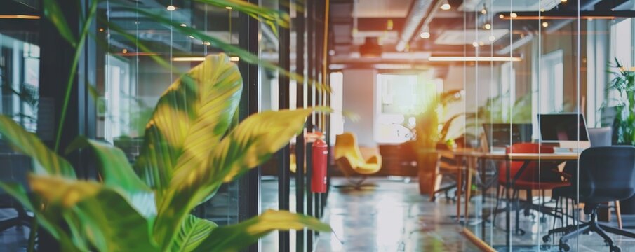 Close-up of a green plant in a modern office setting.