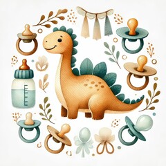 Obraz premium dinosaur and baby shower element. earth tone color, watercolor illustration, Perfect for nursery art, simple clipart, single object, white color background.