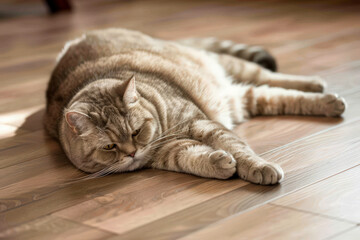 a Fat cat lying down on wooden floor . Generative AI