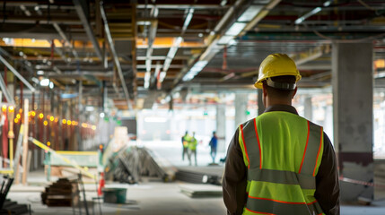 Naklejka premium Construction engineer with safety standard looking at building at construction. generative ai