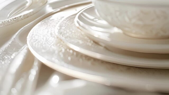 The glimmering ivory texture is reminiscent of fine bone china with a luxurious touch.
