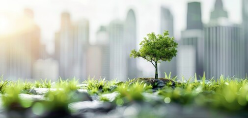 Fototapeta premium Small tree growing in front of blurred cityscape.