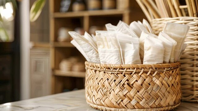 A woven basket holds an array of compostable cleaning wipes made from 100% bamboo fibers.