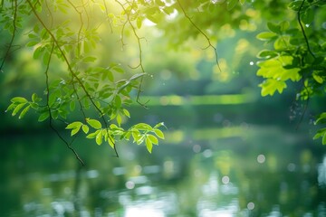 Fototapeta premium Sunlight filtering through lush green leaves over a tranquil pond.