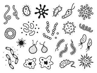 collection of bacteria, germs, microbiome and viruses. Outlined vector icon set in line style.