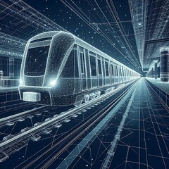 Fototapeta premium Abstract polygonal 3d wireframe of modern train at railway station or metro. Digital vector mesh looks like starry sky. Rapid transit system, transportation, railway logistics concept in dark blue.