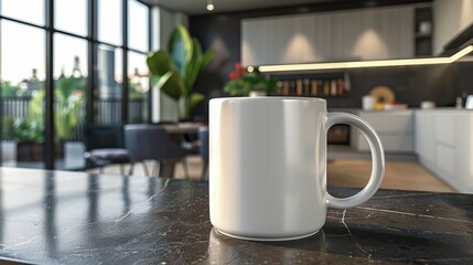 Clean white coffee mug mockup on a kitchen counter, with a modern kitchen background and ample space for text