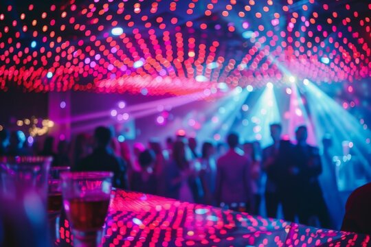 A blurry view of a crowded nightclub with flashing lights and dancing people.  A glass of alcohol sits in the foreground.