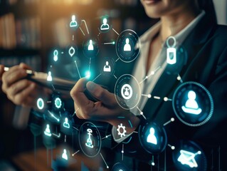 Justice and law concept. Lawyer businesswoman touching on law innovation network icons. - ai