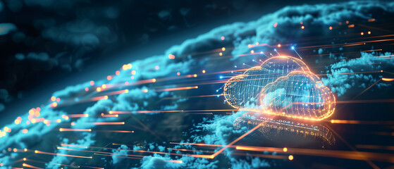 Fototapeta premium Generative AI image of cloud computing and digital data transfer with computing networked across cities country and globe with virtualization approach
