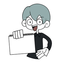 笑顔でスケッチブックを見せる男性