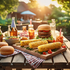 옥수수,햄버거,홈파티,야외,corn, hamburger, home party, outdoor,