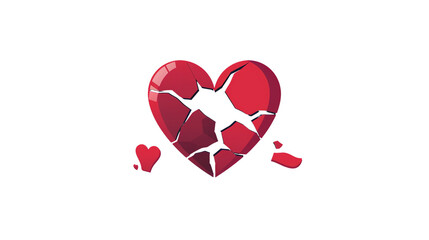 Illustration of a shattered red heart symbolizing broken love, heartache, or emotional pain with pieces scattered around a black background.  , transparent