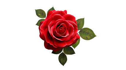 Vibrant red rose with lush green leaves, symbolizing love and beauty, captured against a clear background for versatile use.