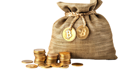 A burlap sack filled with bitcoins, symbolizing cryptocurrency wealth and digital finance. Gold coins spill beside the bag.
