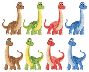 Eight cute dinosaurs in various colors and poses