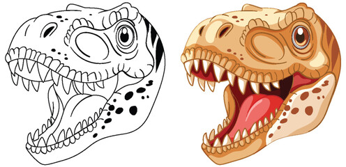 Color and black-and-white dinosaur head illustrations