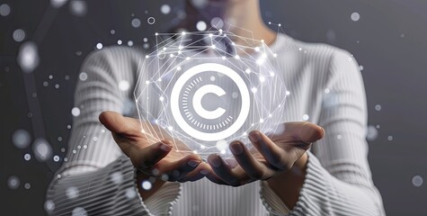 Professional Woman Holding Copyright Symbol  in a Neutral Background for Online Business and IP Protection Concept
