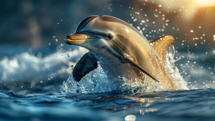 A lively dolphin playfully splashing in the sea near the picturesque coast of Mallorca during golden hour. 