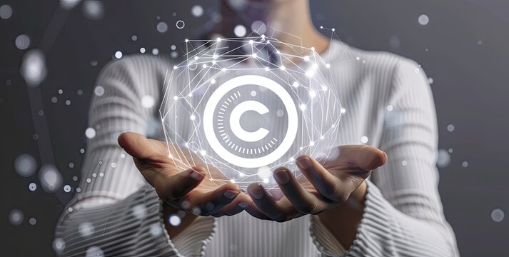 Professional Woman Holding Copyright Symbol  in a Neutral Background for Online Business and IP Protection Concept