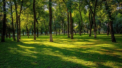 Obraz premium Stunning Wide-Angle View of a Beautiful Green Park with Lush Trees and Radiant Sunlight in High Resolution. Serene Nature Landscape Perfect for Outdoor Enthusiasts and Tranquil Escapes.