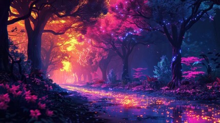 Enchanted forest with glowing holographic trees