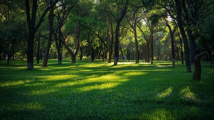 Stunning Wide-Angle View of a Beautiful Green Park with Lush Trees and Radiant Sunlight in High Resolution. Serene Nature Landscape Perfect for Outdoor Enthusiasts and Tranquil Escapes.