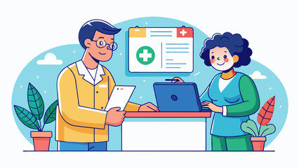 A medical receptionist collects medical expenses from the patient's guardian.