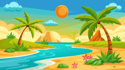 summer beach scene with palm trees, green grass and orange flowers, a yellow sky with clouds.