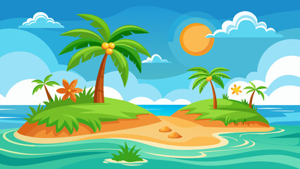 summer beach scene with palm trees, green grass and orange flowers, a yellow sky with clouds.