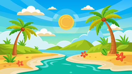 summer beach scene with palm trees, green grass and orange flowers, a yellow sky with clouds.