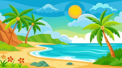 Fototapeta na wymiar summer beach scene with palm trees, green grass and orange flowers, a yellow sky with clouds.
