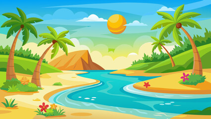 summer beach scene with palm trees, green grass and orange flowers, a yellow sky with clouds.