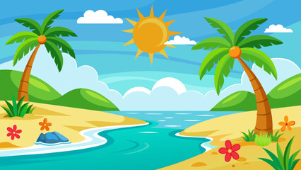 summer beach scene with palm trees, green grass and orange flowers, a yellow sky with clouds.