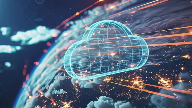 Generative AI image of cloud computing and digital data transfer with computing networked across cities country and globe with virtualization approach